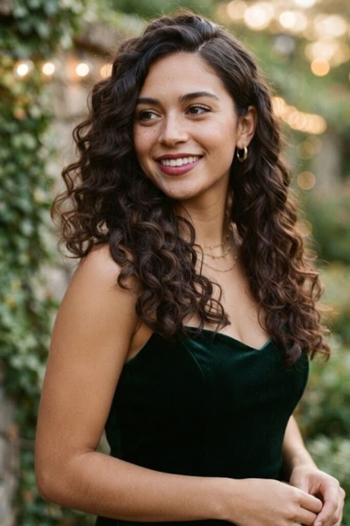 Loose romantic curls with a deep side part