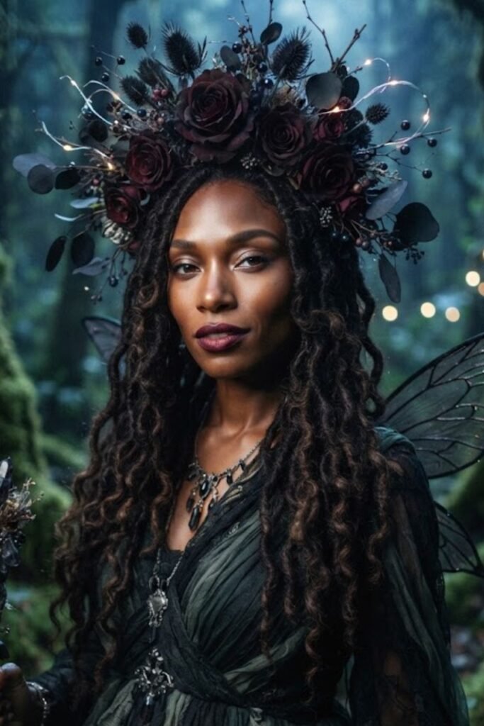 Loose Waves with a Dark Floral Crown for the Dark Fairy