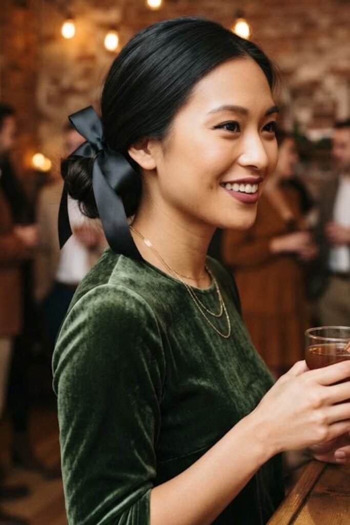 Low Bun with a Black Satin Ribbon