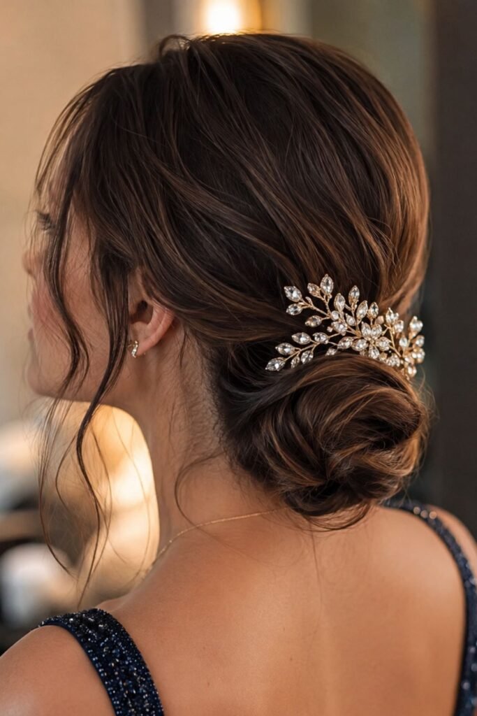 Woman with a low chignon and a jeweled hairpin