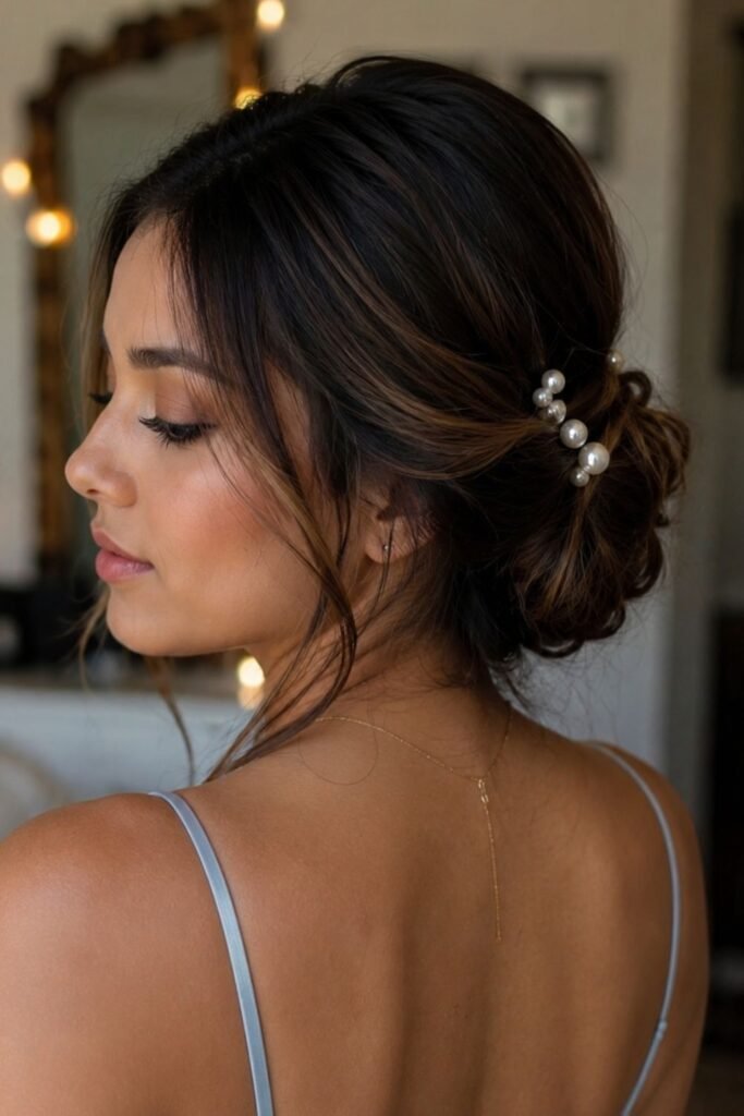 Low twisted chignon with pearl pins for homecoming