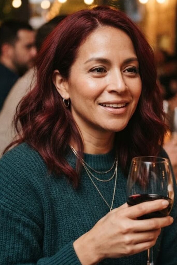 Medium-length dark cherry red hair