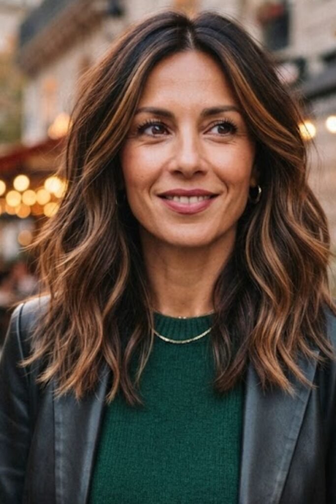 Medium layered brown hair with caramel highlights