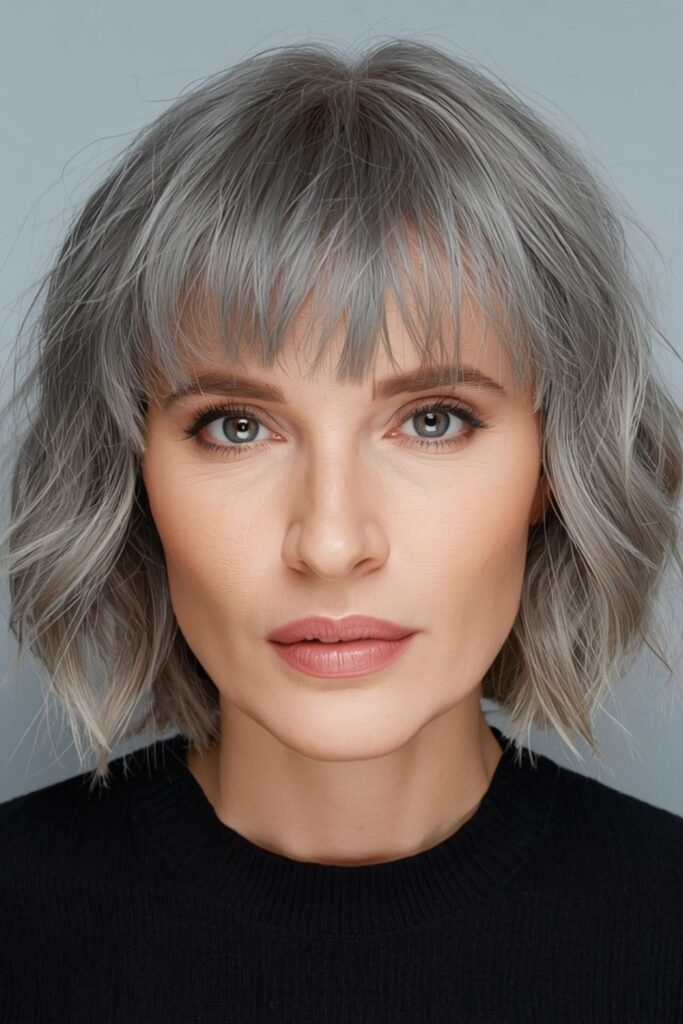 Medium shag on natural grey textured hair
