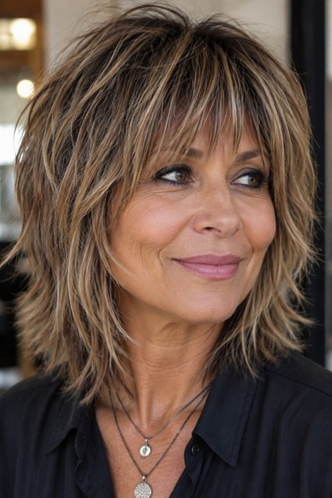 Medium shag with wispy bangs and face-framing highlights