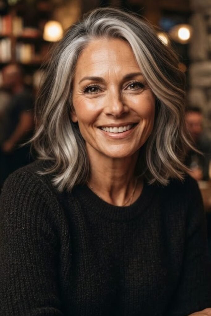 Woman over 40 with medium silver hair and face-framing highlights