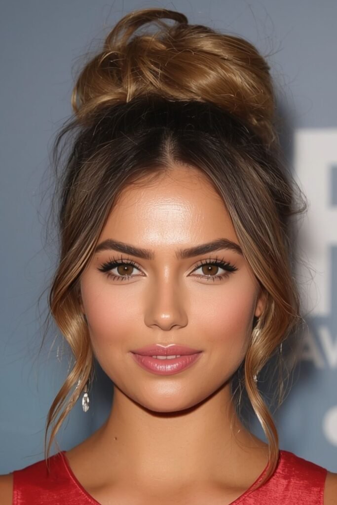 Woman with a messy bun decorated with holiday hair picks