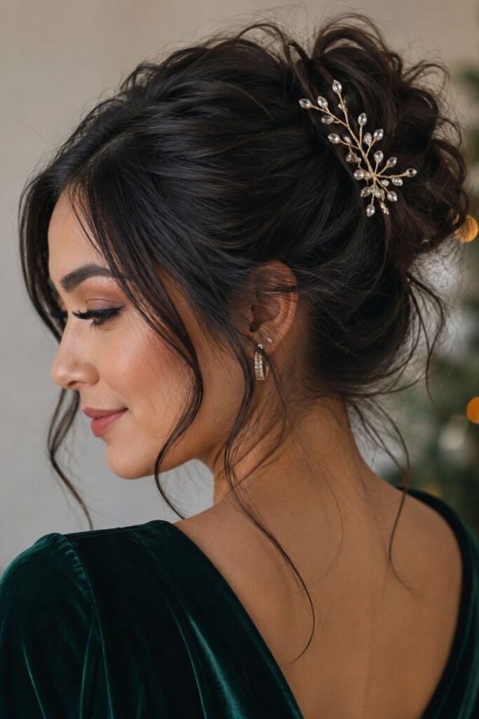 Messy bun with a gold festive hair pick