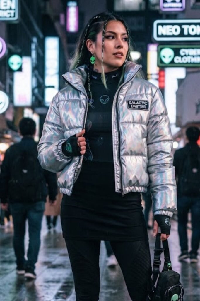 Woman wearing a metallic silver puffer jacket with slim black trousers
