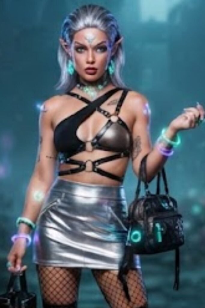 Woman in a chrome top, violet wide-leg trousers, gunmetal belt, and silver platform boots