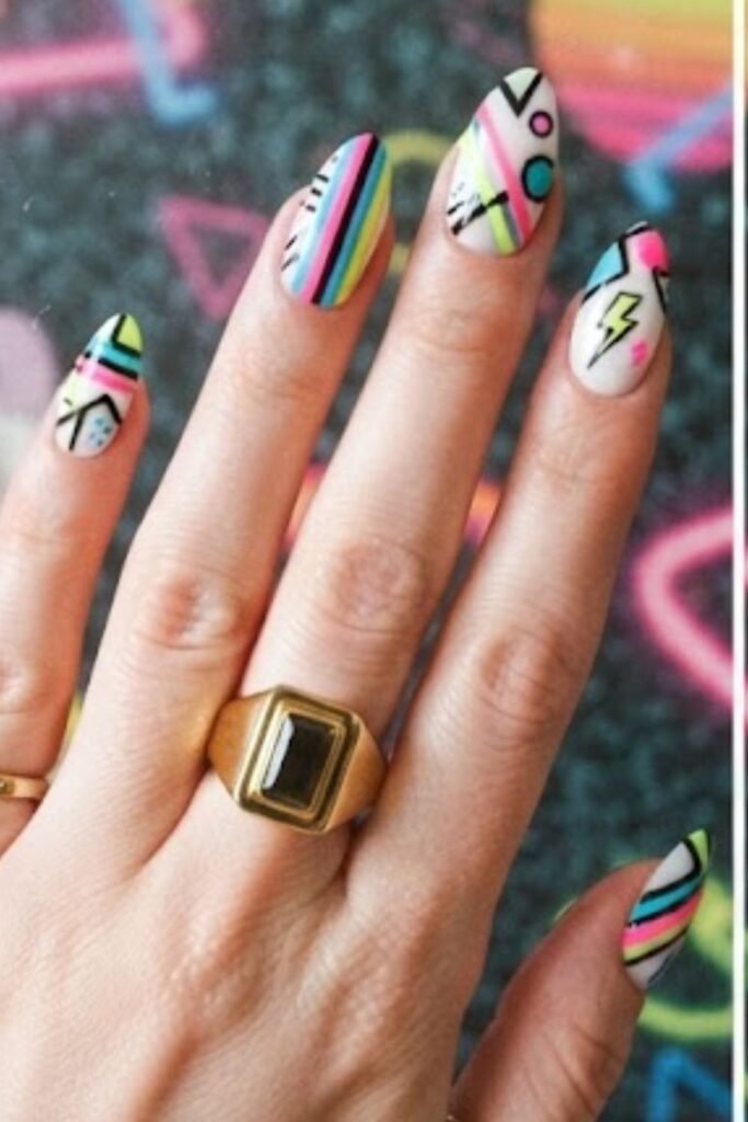 Mixed media 80s nail set with stripes, dots and lightning bolts