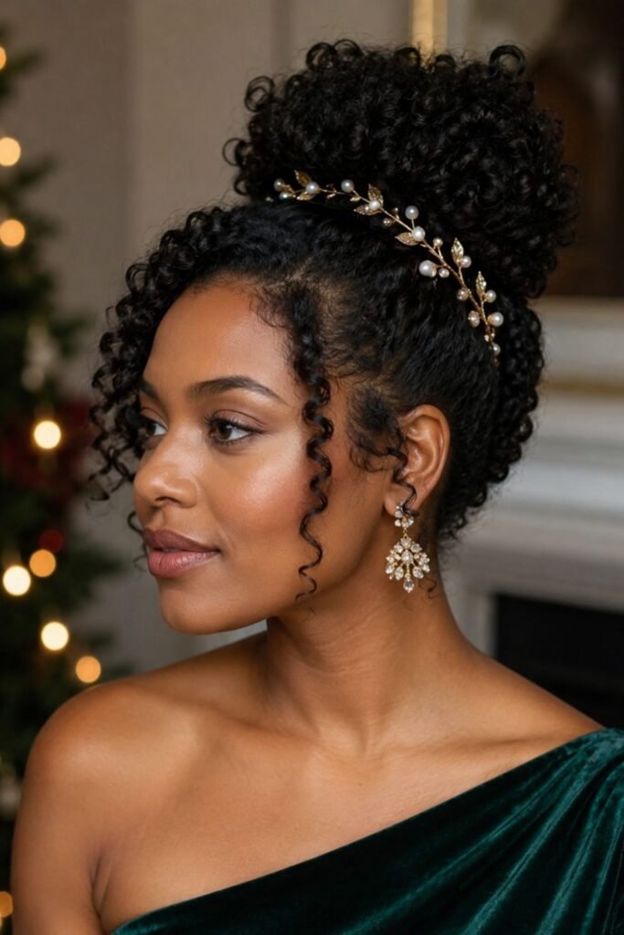 Natural hair festive updo with gold hair picks