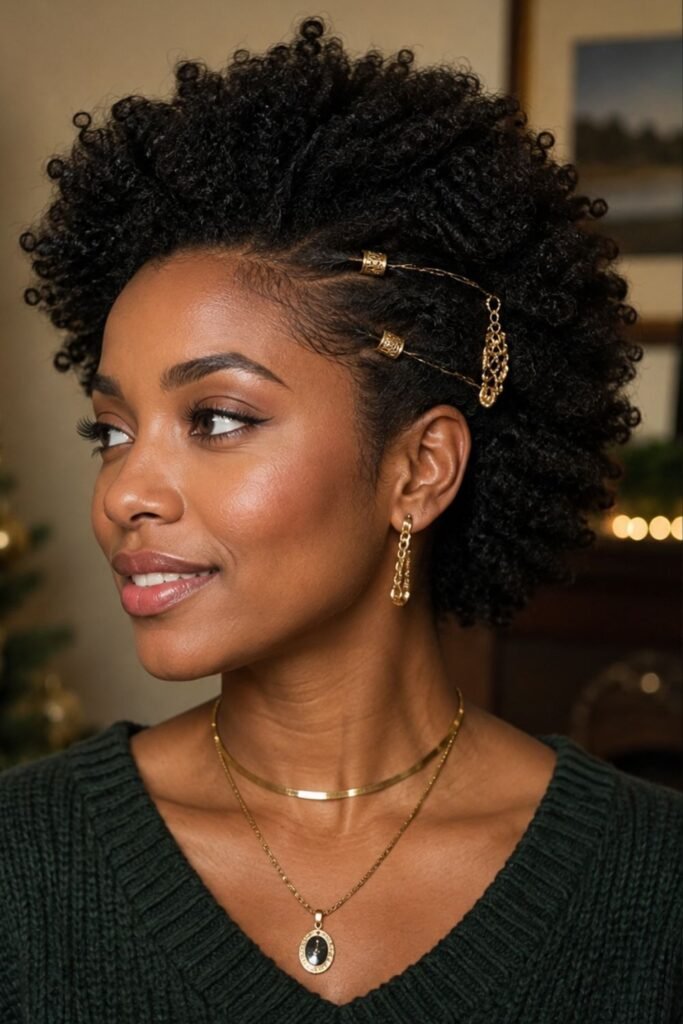Natural curly hair with gold hair accessories