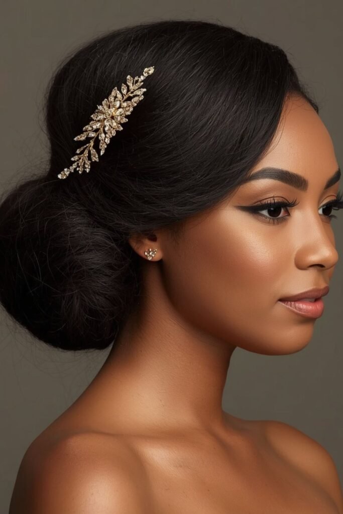 Bride with natural textured hair down and a gold comb