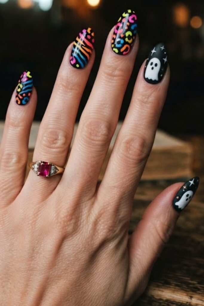 Neon leopard and zebra print nail art