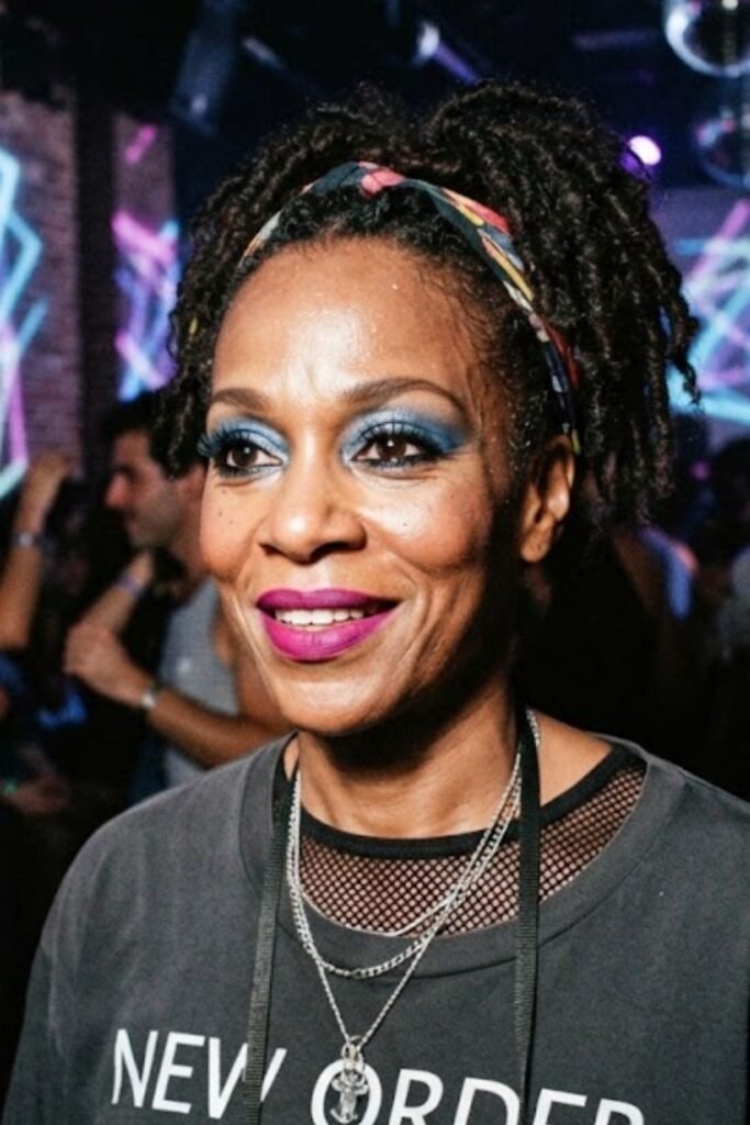 Woman with new wave graphic black eyeliner and pale lid