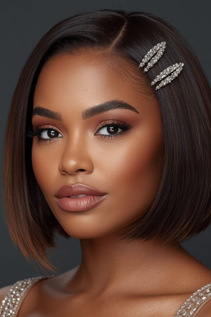 Woman with a bob pinned back with rhinestone clips