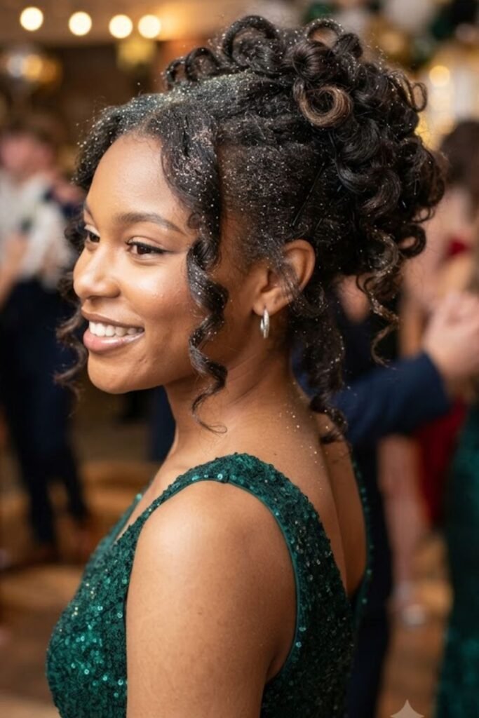 Curls pinned to one side with glitter spray at the part
