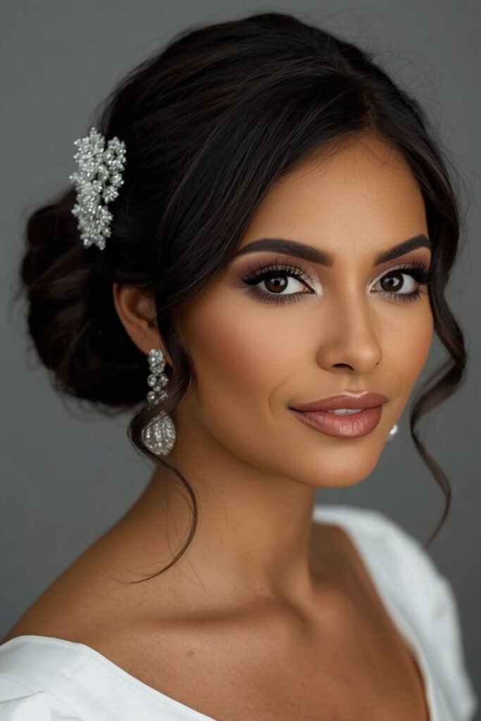 Pinned bridal lob with a floral hairpiece
