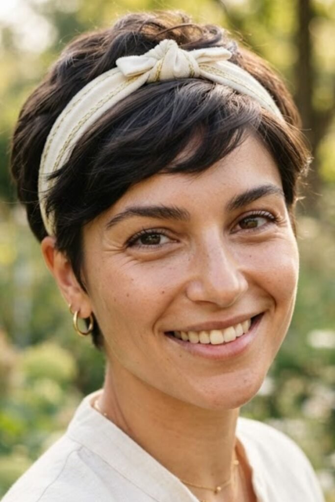 Woman with a pixie cut and velvet headband