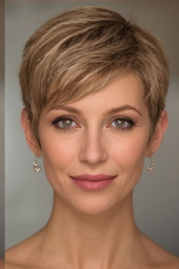 Woman over 50 with a pixie and jeweled hair pin