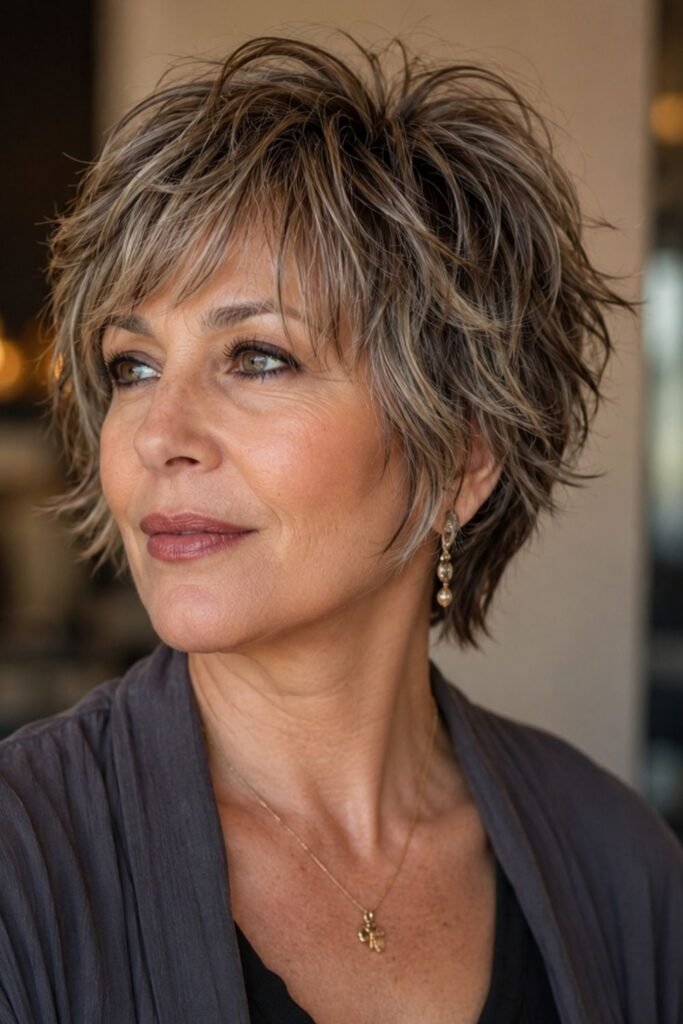 Woman with a textured pixie shag haircut