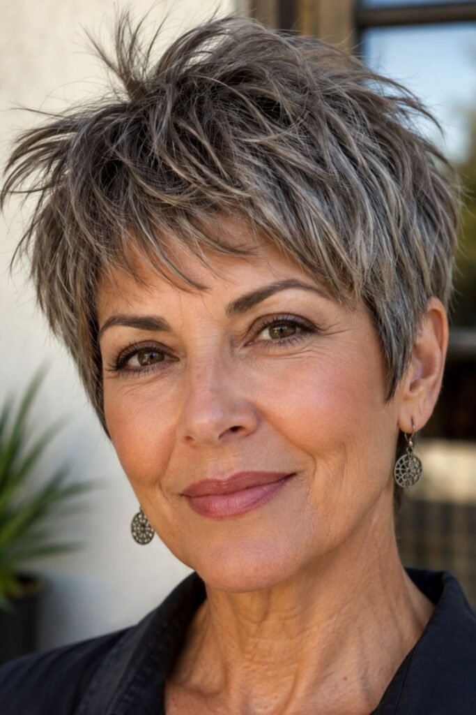 Woman over 50 with a layered pixie shag