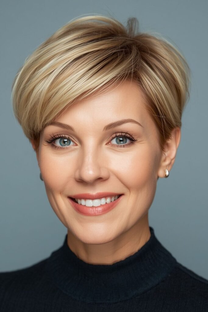 Woman over 50 with a voluminous pixie for fine hair
