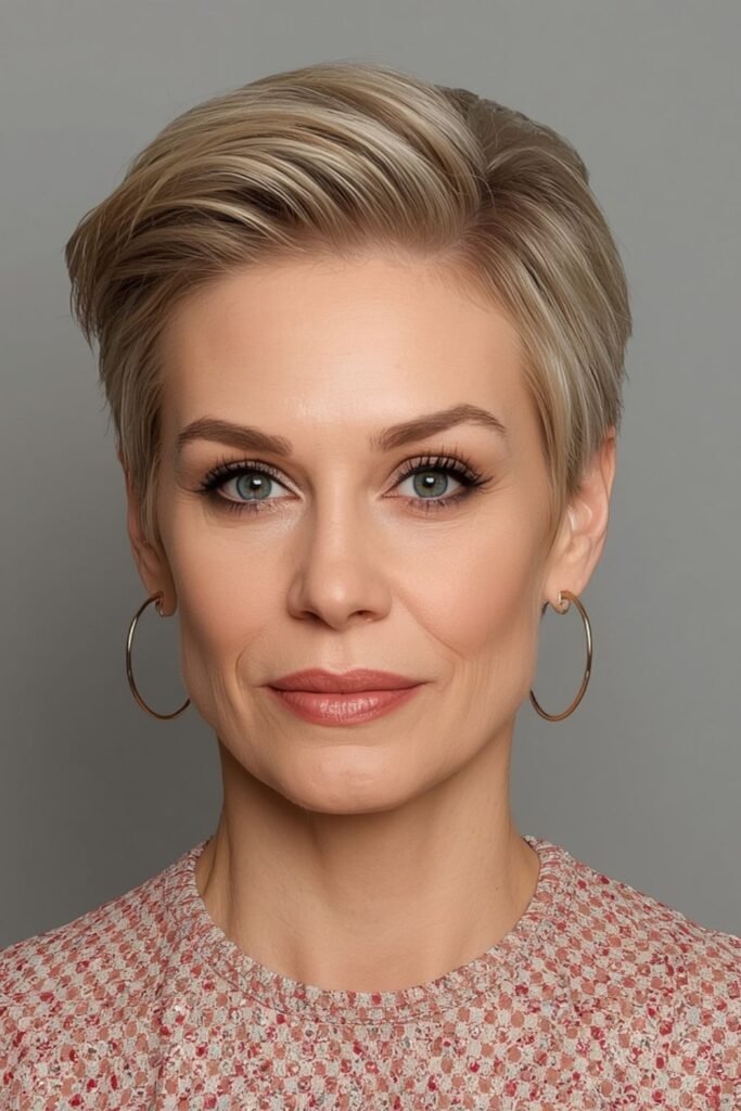 Woman over 50 with a round face and lifted pixie
