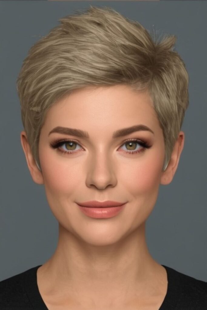 Woman over 50 with a pixie cut on thick hair