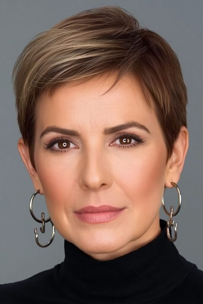Woman over 50 with a pixie and caramel highlights