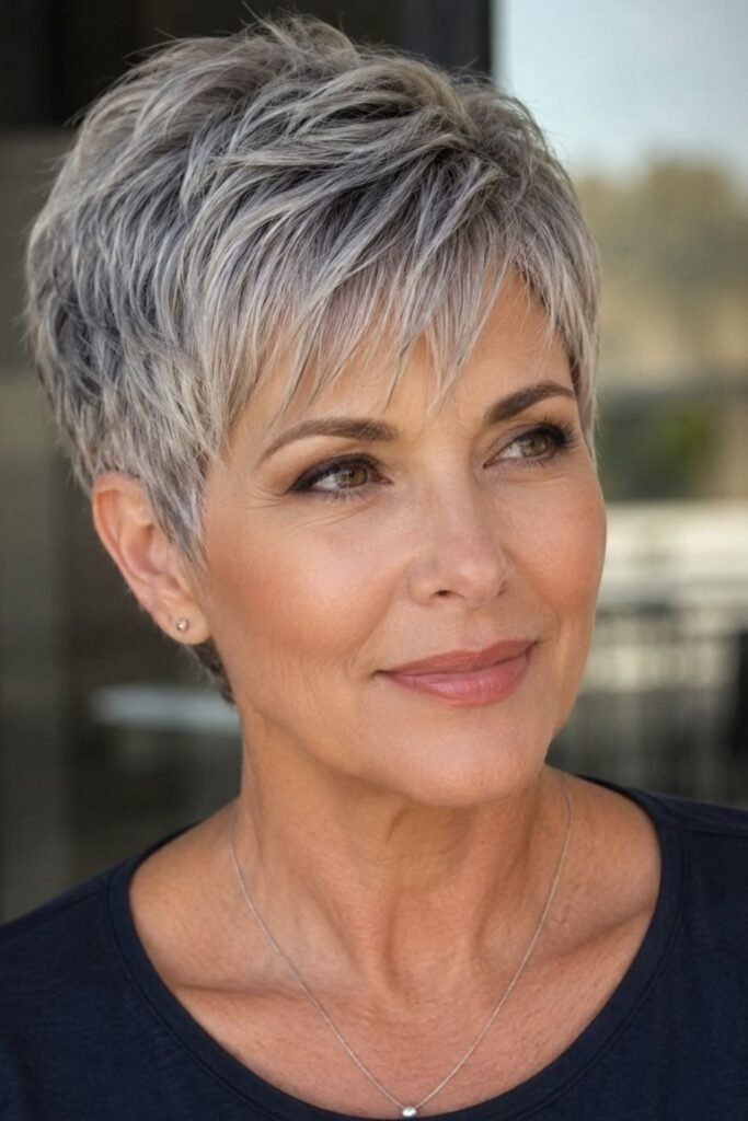 Woman over 50 with a pixie and soft side-swept fringe