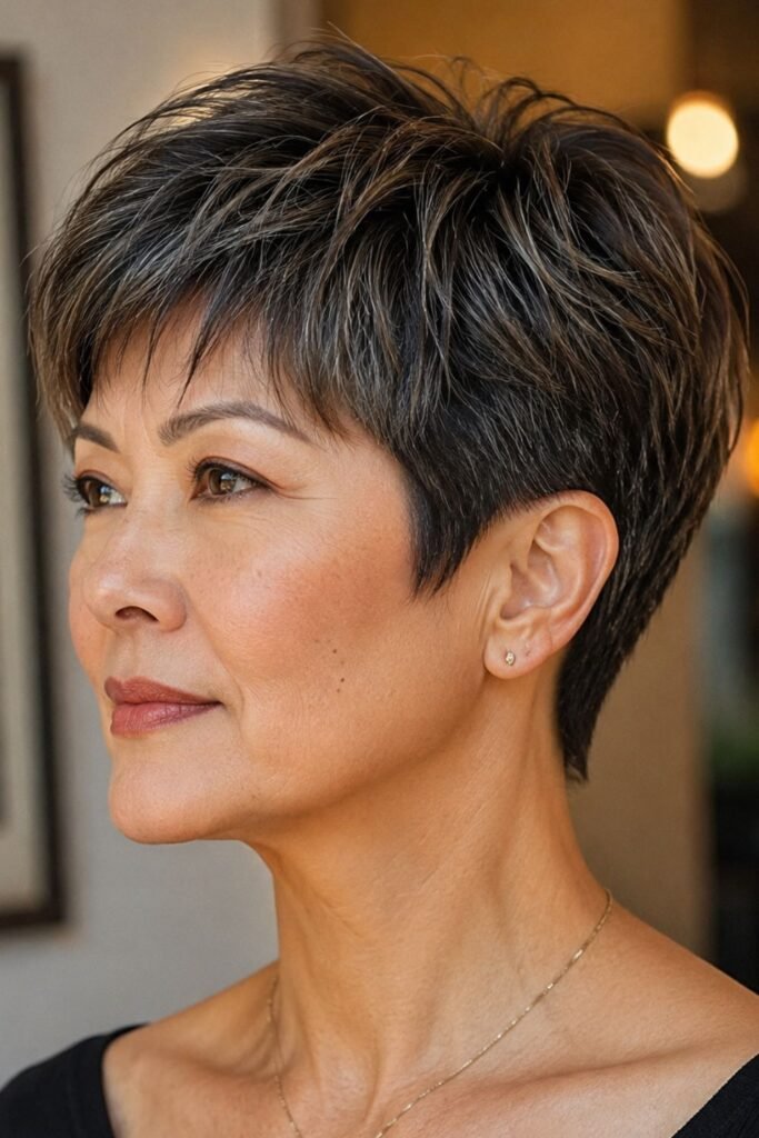 Woman over 50 with a pixie and tapered nape