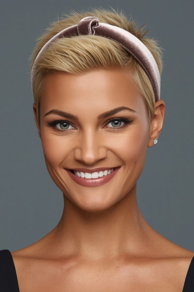 Woman over 50 with a pixie and thin velvet headband