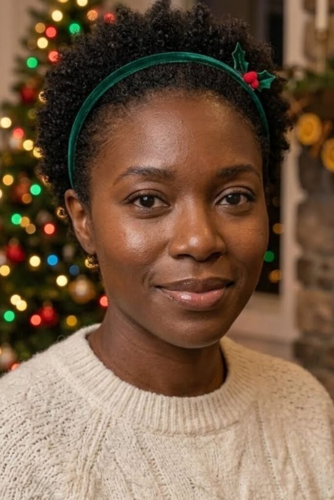 Pixie cut with a thin velvet headband for the holidays