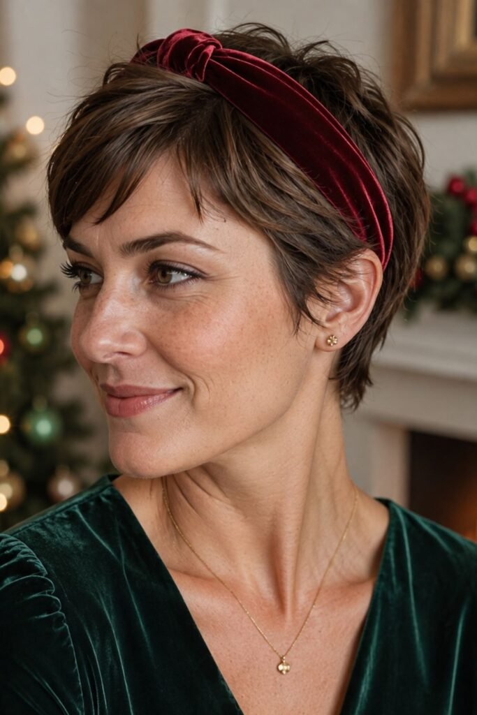 Pixie cut with a velvet headband