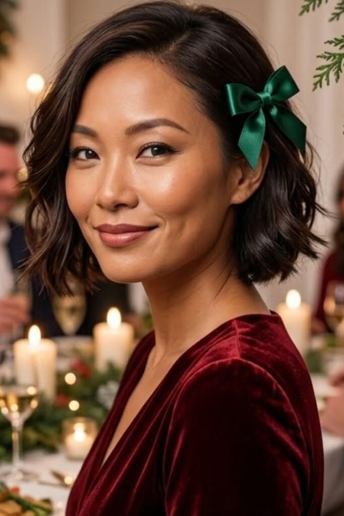 Short sleek bob with a red satin bow for Christmas