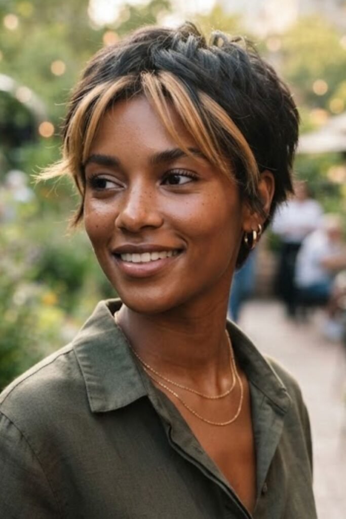 Woman with a short cut and money piece highlights