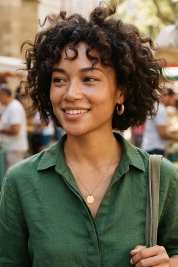 Woman with air-dried short wavy hair