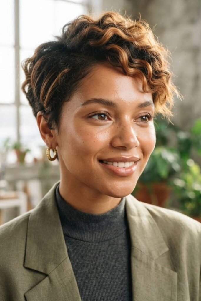 Woman with short brown hair and caramel highlights