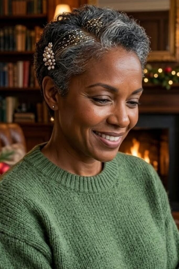 Short hair with glitter at the part and a jeweled clip