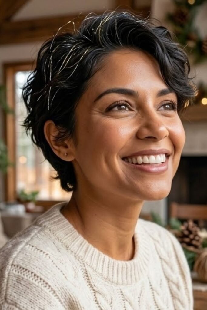 Short hair with gold tinsel strands near the part