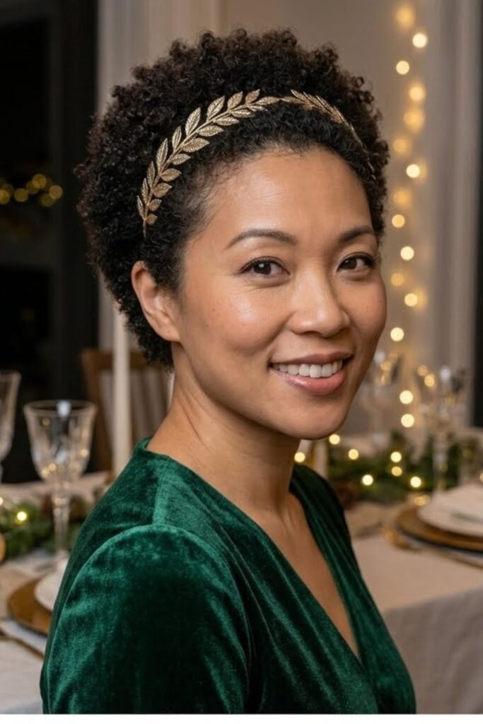 Short natural afro with a wide gold headband