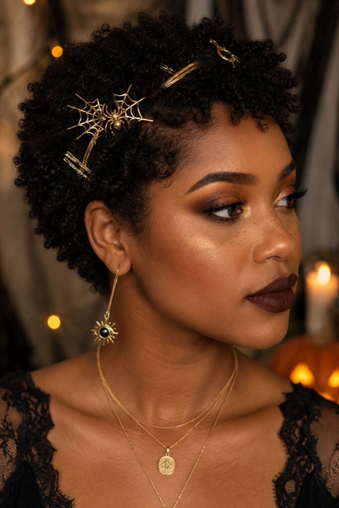 Short Natural Hair with Dark Gold Accessories