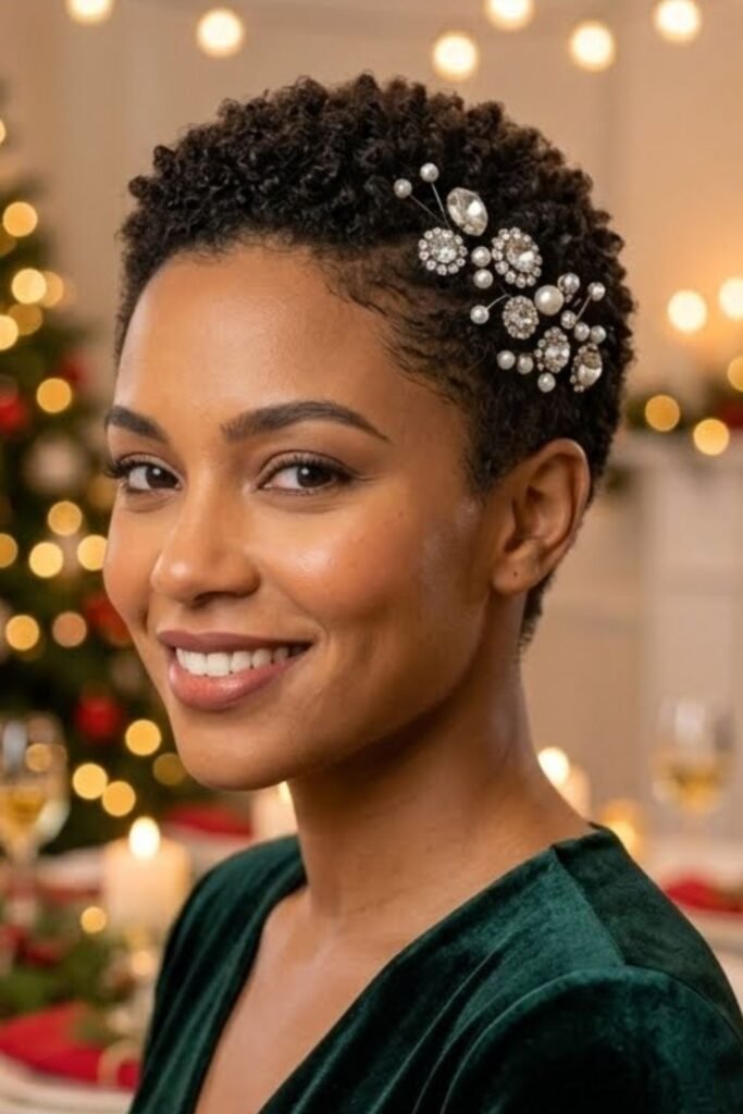 Short natural hair with a red velvet bow at the crown