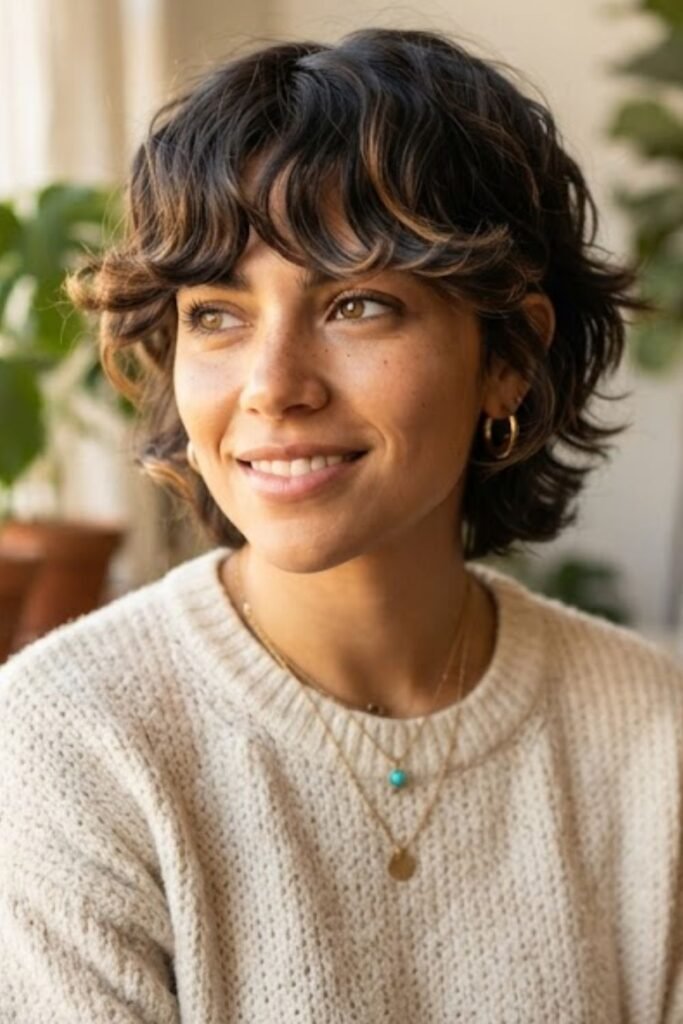 Woman with a short shag and curtain bangs