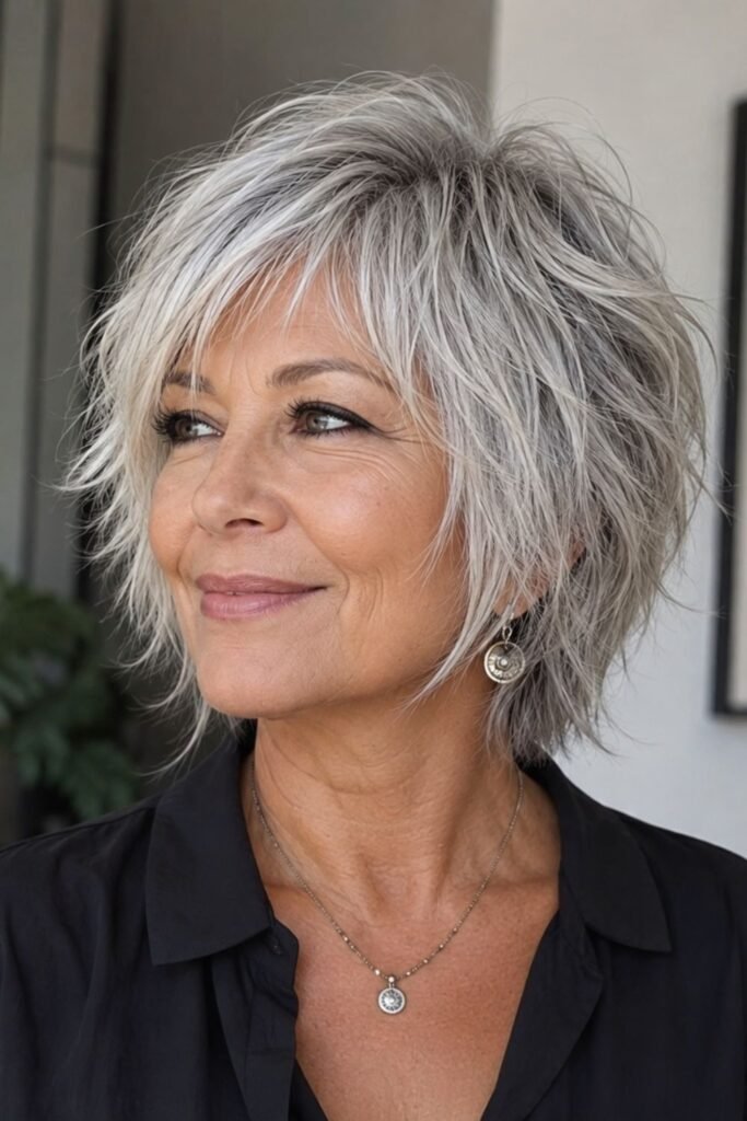 Woman over 50 with a short silver shag haircut