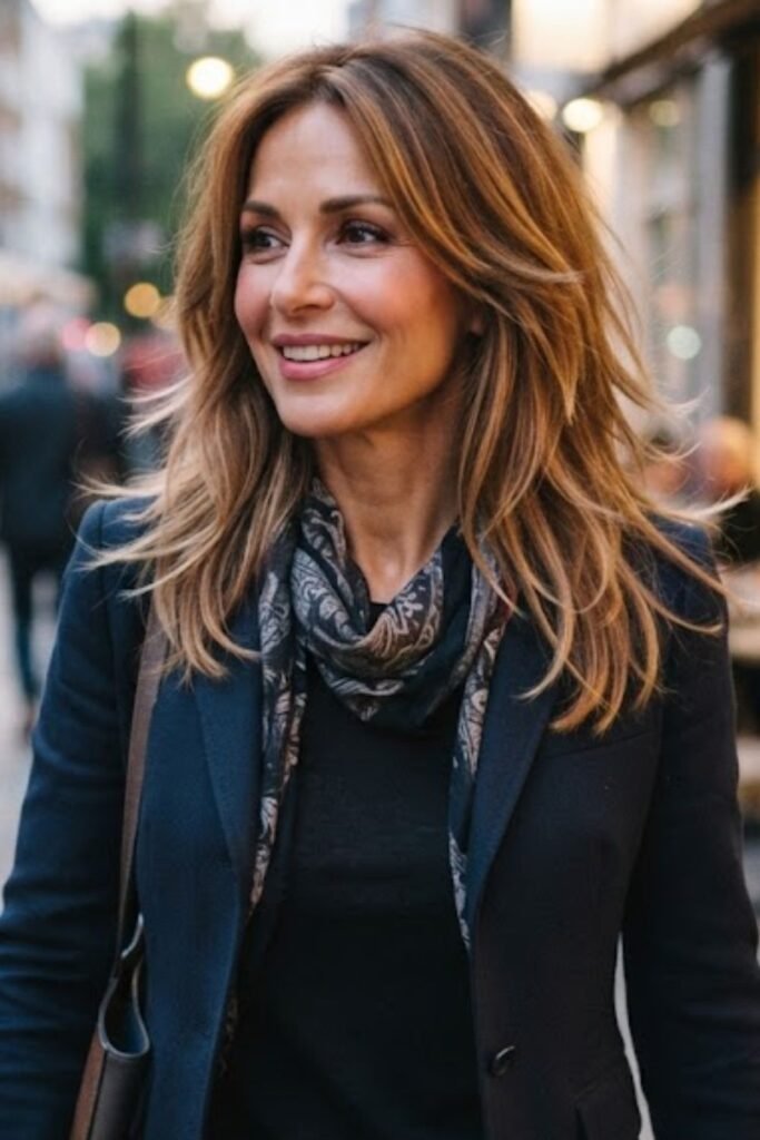 Shoulder-length layered hair with wispy ends