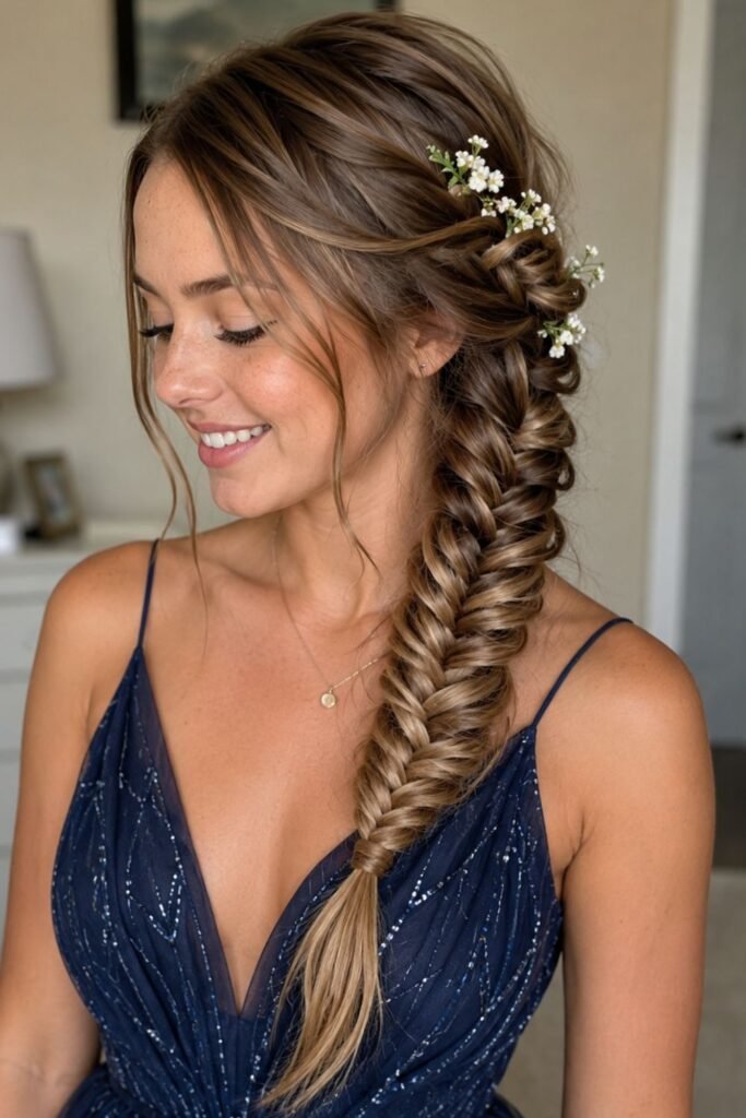 Loose side fishtail braid with small floral pins