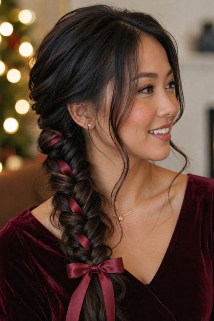 Side fishtail braid tied with a ribbon